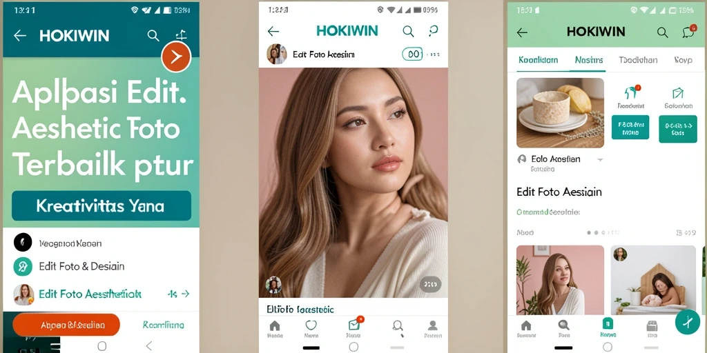 Screenshot antarmuka HOKIWIN dengan berbagai fitur edit foto aesthetic.